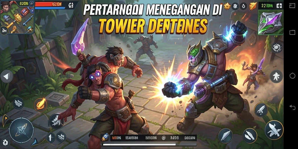 Tangkapan layar permainan 62IDN menampilkan aksi Tower Defense yang mendebarkan.