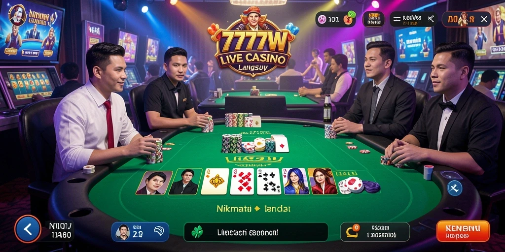 Screenshot utama 7777W menampilkan dealer langsung dalam permainan Live Casino.