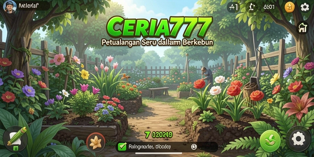 Tangkapan layar CERIA777 dengan tampilan kebun yang rimbun dan tanaman yang beragam.