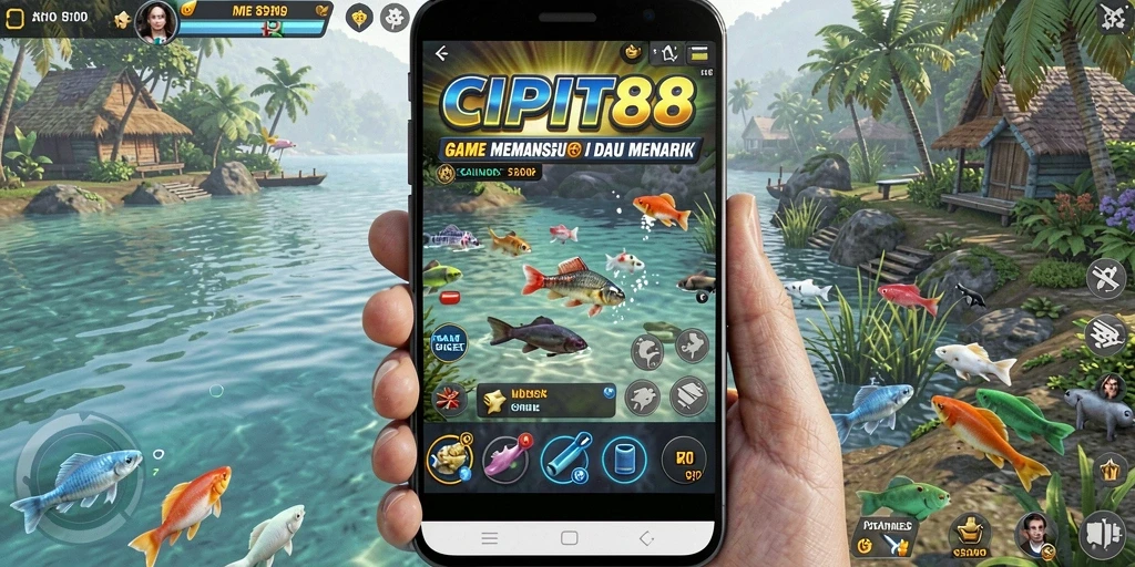 Tampilan gameplay seru dalam CIPIT88 saat menangkap ikan.