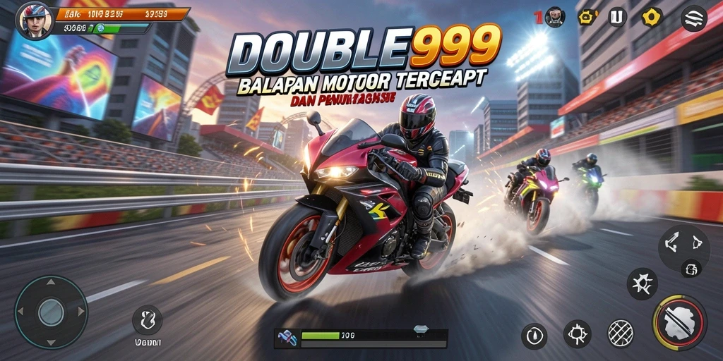 Screenshot gameplay DOUBLE999 menunjukkan aksi balapan motor yang mendebarkan.