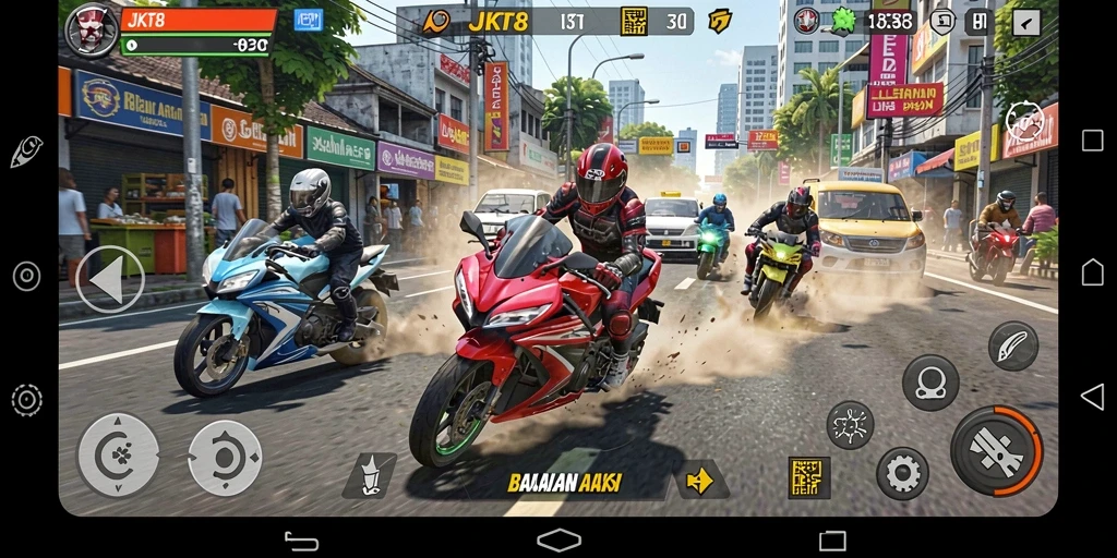 Tampilan gameplay menarik dari JKT8 saat balapan motor.