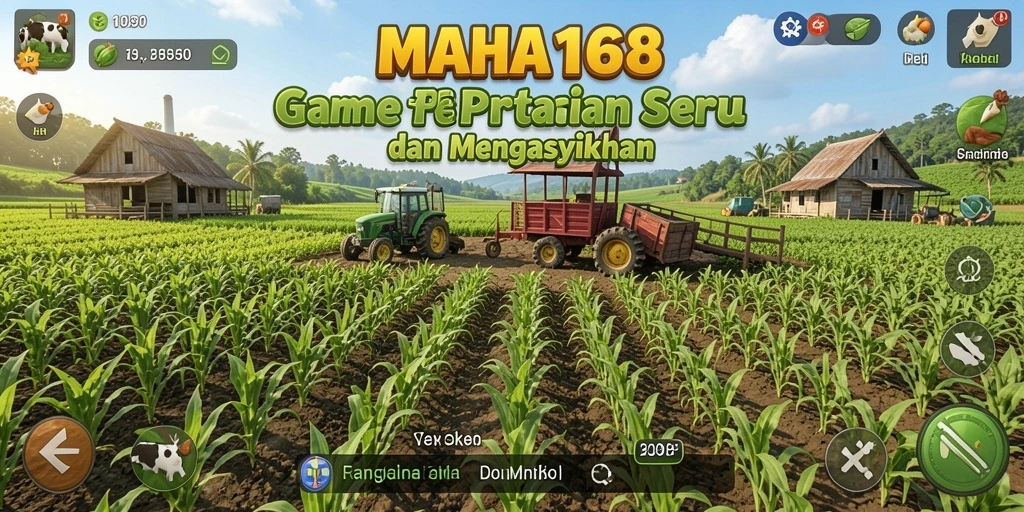Screenshot gameplay MAHA168 menampilkan ladang yang rimbun dan aktivitas panen.