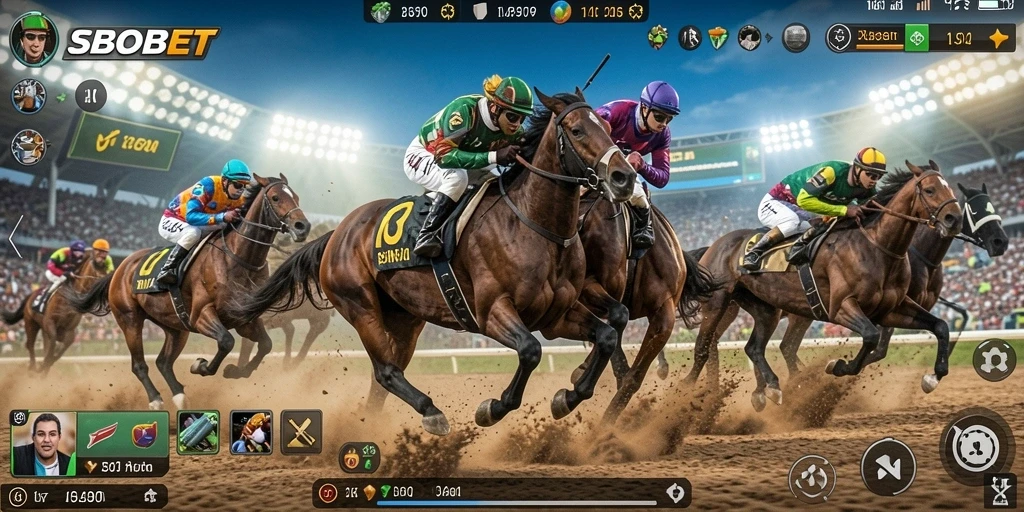 Tangkapan layar gameplay <strong>SBOBET</strong> dengan balapan yang mendebarkan.