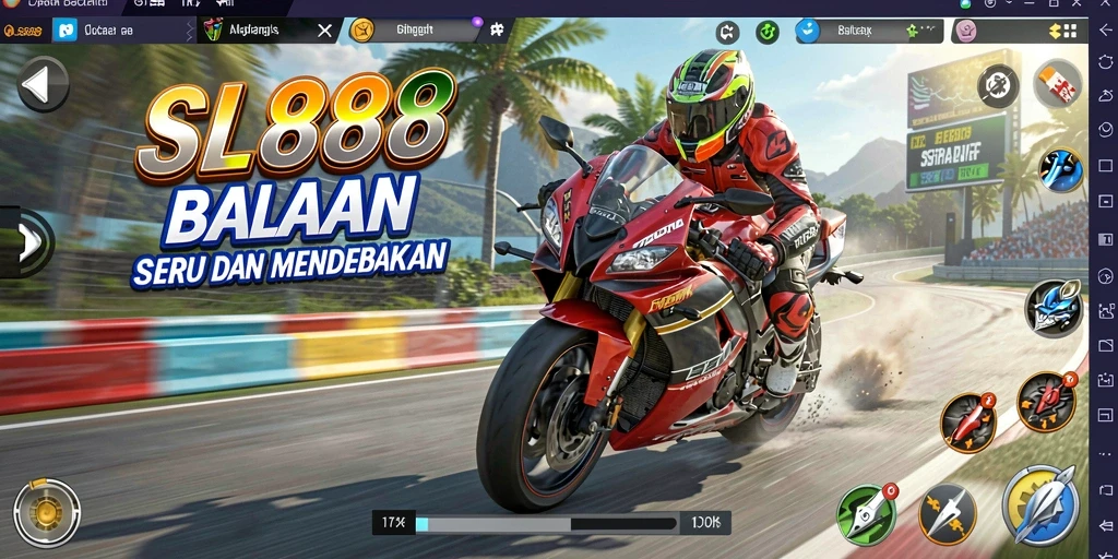 Screenshot utama SL888 menunjukkan aksi balapan motor yang mendebarkan.
