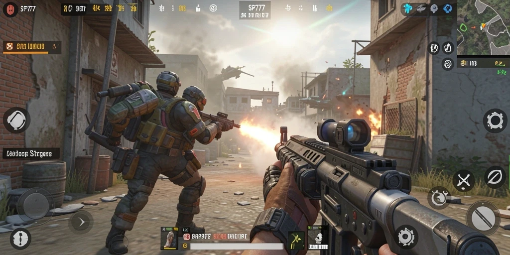 Screenshot SP777 menampilkan pertempuran FPS yang intens dan grafis menakjubkan.